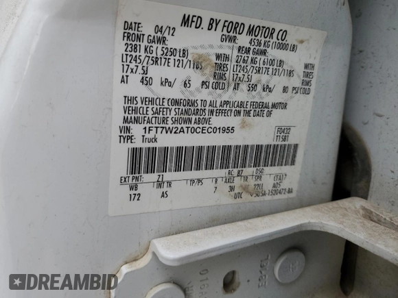 2012 Ford F-250 XL with VIN 1FT7W2AT0CEC01955, listed as a Copart auction lot 44995455 with 299,138 mi miles and Clean title. Bid and sale history available at DreamBid. Image 12.