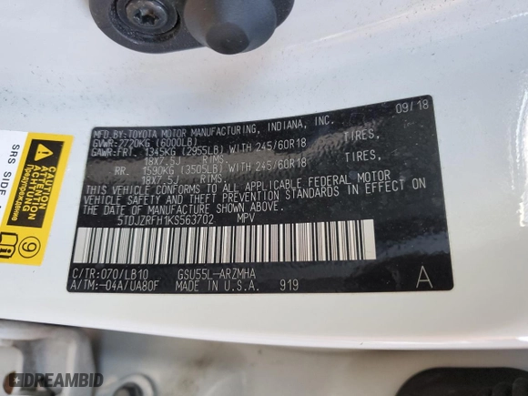 2019 Toyota Highlander SE with VIN 5TDJZRFH1KS563702, listed as a Copart auction lot 42927035 with 0 mi miles and Salvage Title. Bid and sale history available at carsss.com. Image 16.