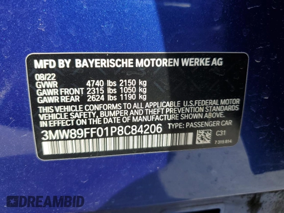 2023 BMW 3 Series 330i xDrive with VIN 3MW89FF01P8C84206, listed as a Copart auction lot 63059275 with Not provided miles and Salvage title. Bid and sale history available at DreamBid. Image 13.