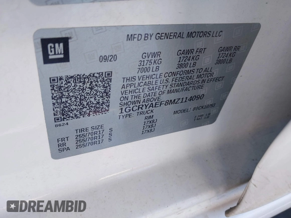 2021 Chevrolet Silverado 1500 Work Truck with VIN 1GCRYAEF8MZ114090, listed as a IAAI auction lot 41312489 with 41,274 mi miles and . Bid and sale history available at DreamBid. Image 9.