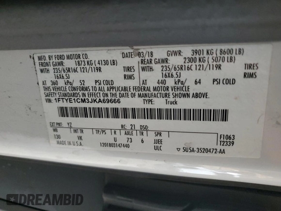 2018 Ford Transit с VIN 1FTYE1CM3JKA69666, выставлен на аукционе Copart как лот 58270905 с пробегом 64 916 миль миль и Списание • Salvage title. История ставок и продаж доступна на DreamBid. Изображение 13.