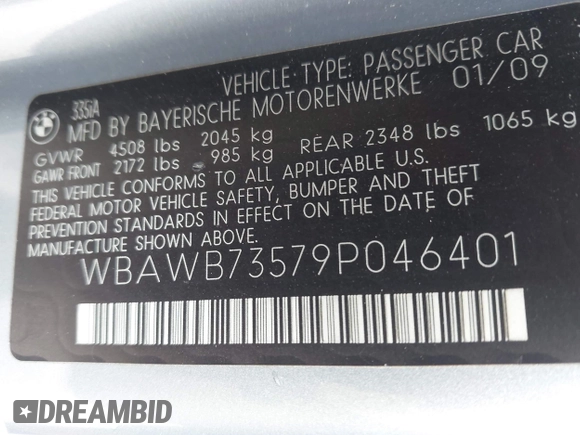 2009 BMW 3 Series 335i with VIN WBAWB73579P046401, listed as a IAAI auction lot 42650813 with 85,239 mi miles and . Bid and sale history available at DreamBid. Image 9.