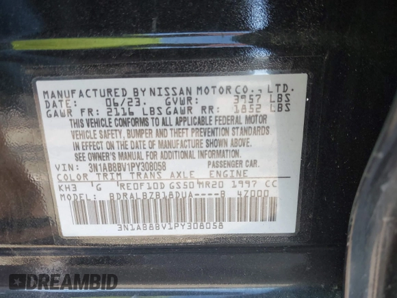 2023 Nissan Sentra S with VIN 3N1AB8BV1PY308058, listed as a IAAI auction lot 41639633 with 9,397 mi miles and . Bid and sale history available at DreamBid. Image 9.