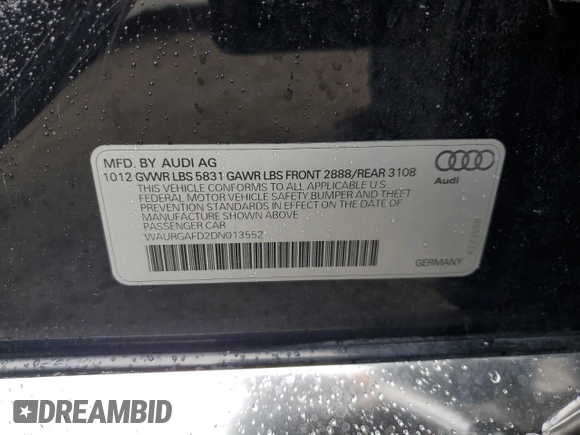 2013 Audi A8 3.0L with VIN WAURGAFD2DN013552, listed as a Copart auction lot 57822075 with 146,315 mi miles and Salvage title. Bid and sale history available at DreamBid. Image 12.