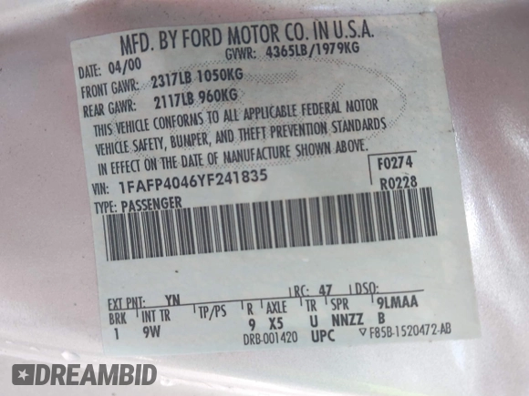 2000 Ford Mustang с VIN 1FAFP4046YF241835, выставлен на аукционе IAAI как лот 42456037 с пробегом 249 234 миль миль и . История ставок и продаж доступна на DreamBid. Изображение 9.