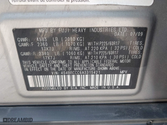 2010 Subaru Outback Premium All-Weather with VIN 4S4BRCCC6A3315421, listed as a IAAI auction lot 41888378 with 169,489 mi miles. Bid and sale history available at carsss.com. Image 9.