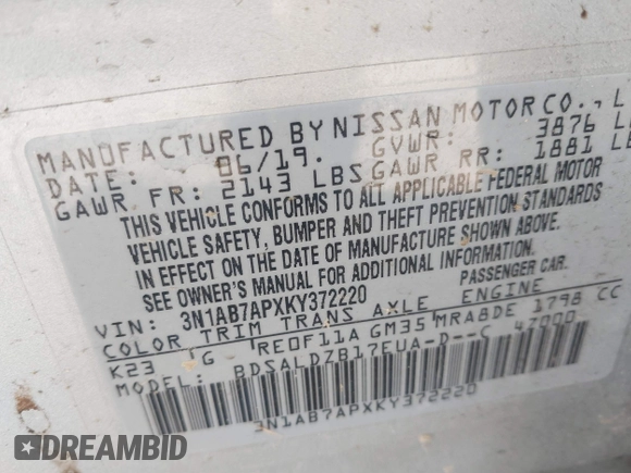 2019 Nissan Sentra S z VIN 3N1AB7APXKY372220, wystawiony jako IAAI lot #41723914 z przebiegiem 103 308 mil mil oraz . Historia ofert i sprzedaży dostępna na DreamBid. Obrazek 9.