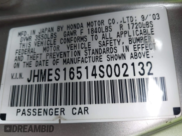 2004 Honda Civic LX z VIN JHMES16514S002132, wystawiony jako IAAI lot #41932071 z przebiegiem 158 130 mil mil oraz . Historia ofert i sprzedaży dostępna na DreamBid. Obrazek 9.