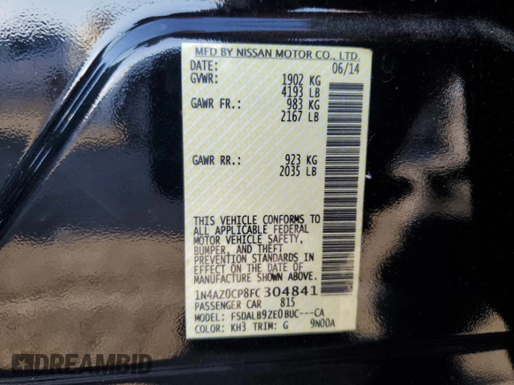 2015 Nissan LEAF SV with VIN 1N4AZ0CP8FC304841, listed as a Copart auction lot 75854863 with 58,077 mi miles and . Bid and sale history available at DreamBid. Image 13.
