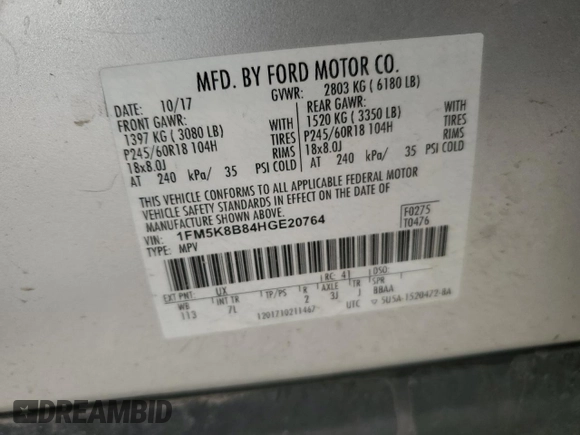 2017 Ford Explorer with VIN 1FM5K8B84HGE20764, listed as a Copart auction lot 51751945 with 119,942 mi miles and Salvage title. Bid and sale history available at DreamBid. Image 15.