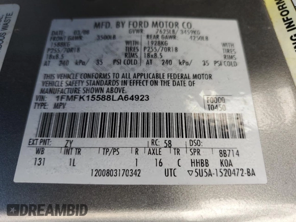 2008 Ford Expedition Max SSV with VIN 1FMFK15588LA64923, listed as a Copart auction lot 60997435 with 223,446 mi miles and Salvage title. Bid and sale history available at DreamBid. Image 10.
