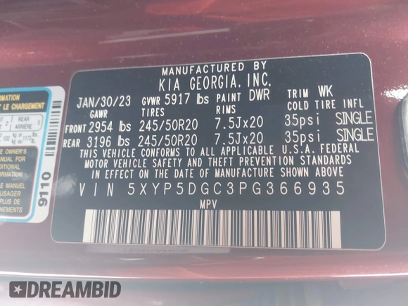 2023 Kia Telluride SX Prestige X-Pro with VIN 5XYP5DGC3PG366935, listed as a IAAI auction lot 41257675 with 23,943 mi miles and . Bid and sale history available at DreamBid. Image 9.