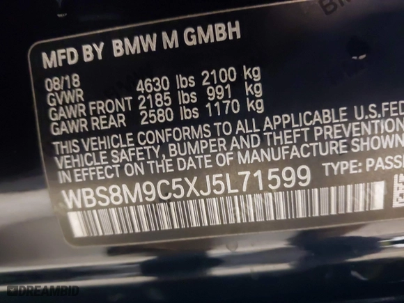 2018 BMW M3 with VIN WBS8M9C5XJ5L71599, listed as a IAAI auction lot 41932825 with 53,730 mi miles. Bid and sale history available at carsss.com. Image 9.