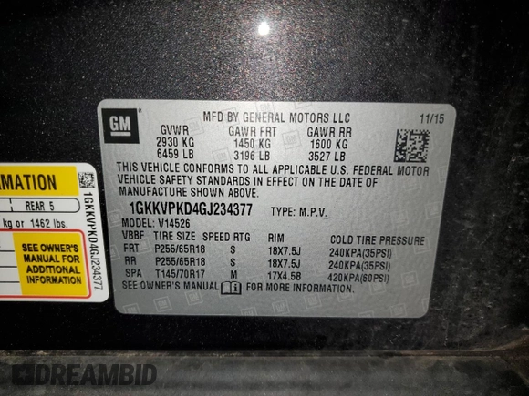 2016 GMC Acadia SLE with VIN 1GKKVPKD4GJ234377, listed as a Copart auction lot 86715534 with 192,618 mi miles and Salvage Title. Bid and sale history available at carsss.com. Image 15.