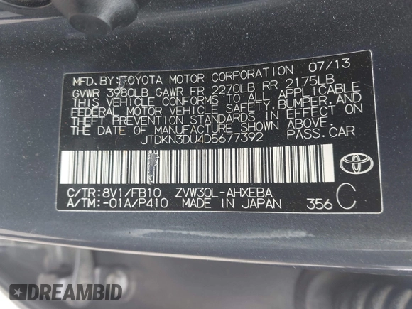 2013 Toyota Prius One z VIN JTDKN3DU4D5677392, wystawiony jako IAAI lot #42050842 z przebiegiem 169 732 mil mil oraz . Historia ofert i sprzedaży dostępna na DreamBid. Obrazek 9.