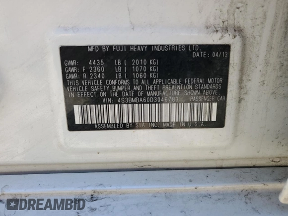 2013 Subaru Legacy 2.5i with VIN 4S3BMBA60D3046783, listed as a Copart auction lot 61605595 with 168,927 mi miles and Salvage title. Bid and sale history available at DreamBid. Image 12.