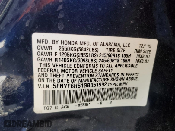 2016 Honda Pilot EX-L with VIN 5FNYF6H51GB051992, listed as a Copart auction lot 46193115 with 145,047 mi miles and Salvage Title. Bid and sale history available at DreamBid. Image 13.