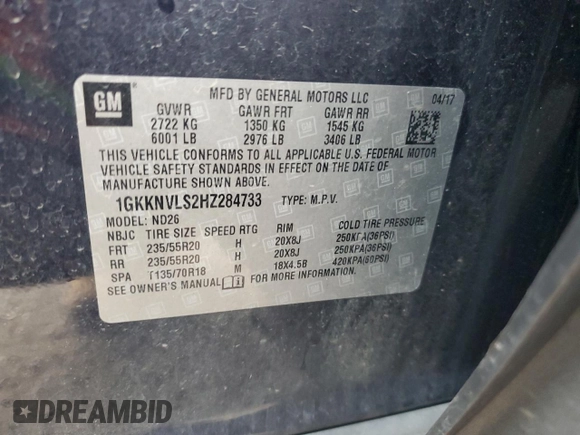 2017 GMC Acadia SLT with VIN 1GKKNVLS2HZ284733, listed as a Copart auction lot 85987894 with 80,872 mi miles and Salvage Title. Bid and sale history available at carsss.com. Image 15.
