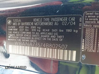 2004 BMW 5 Series 530i with VIN WBANA73574B802507, listed as a IAAI auction lot 41627786 with 226,192 mi miles and . Bid and sale history available at carsss.com. Image 9.