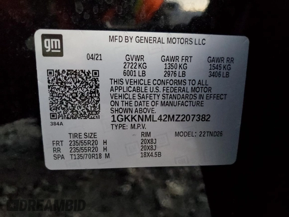 2021 GMC Acadia SLT with VIN 1GKKNML42MZ207382, listed as a Copart auction lot 72583383 with 51,099 mi miles and Clean Title. Bid and sale history available at DreamBid. Image 14.