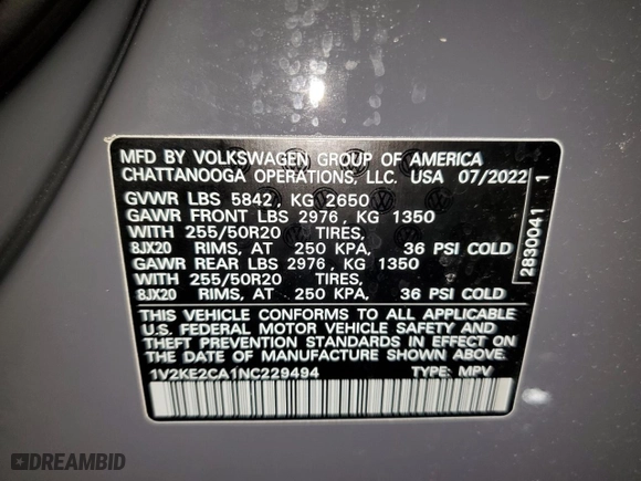 2022 Volkswagen Atlas Cross Sport 3.6L V6 SE w/Technology with VIN 1V2KE2CA1NC229494, listed as a Copart auction lot 42028205 with 54,046 mi miles and Clean Title. Bid and sale history available at carsss.com. Image 13.