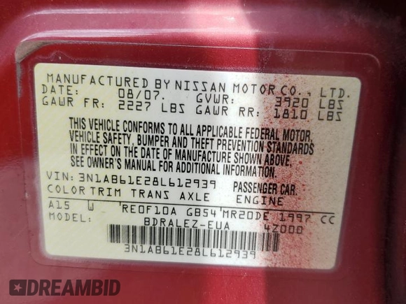 2008 Nissan Sentra S with VIN 3N1AB61E28L612939, listed as a Copart auction lot 60059405 with 129,320 mi miles and Salvage title. Bid and sale history available at DreamBid. Image 12.