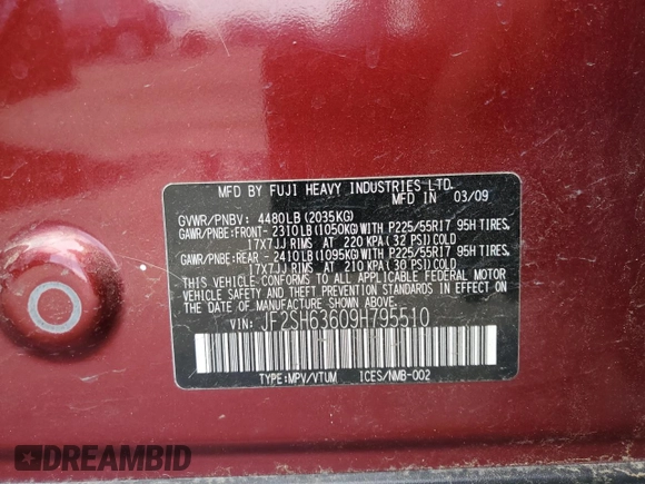 2009 Subaru Forester X with VIN JF2SH63609H795510, listed as a Copart auction lot 61041205 with 218,834 mi miles and Salvage title. Bid and sale history available at DreamBid. Image 12.