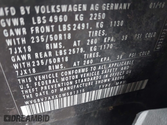 2016 Volkswagen Tiguan S with VIN WVGBV7AXXGW581315, listed as a IAAI auction lot 41495812 with 180,061 mi miles and . Bid and sale history available at DreamBid. Image 9.