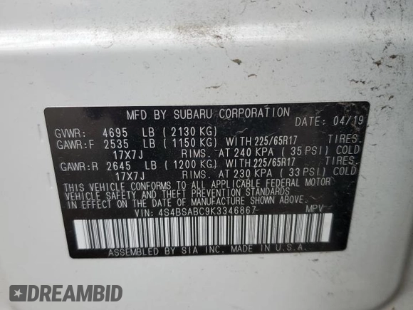 2019 Subaru Outback with VIN 4S4BSABC9K3346867, listed as a Copart auction lot 59029015 with 75,503 mi miles and Salvage title. Bid and sale history available at DreamBid. Image 13.