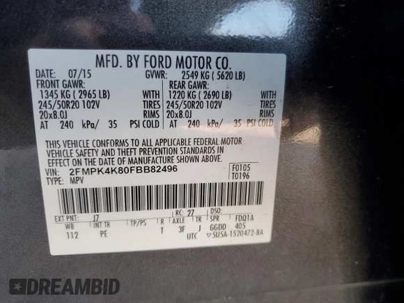 2015 Ford Edge Titanium with VIN 2FMPK4K80FBB82496, listed as a Copart auction lot 50285555 with 115,637 mi miles and Salvage Title. Bid and sale history available at carsss.com. Image 16.