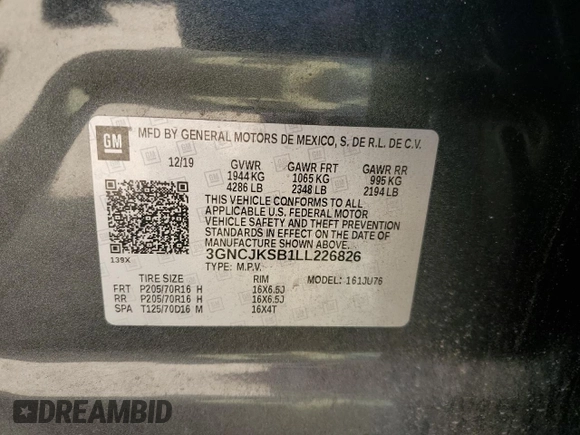 2020 Chevrolet Trax LS with VIN 3GNCJKSB1LL226826, listed as a Copart auction lot 51091065 with 54,592 mi miles and Salvage Title. Bid and sale history available at DreamBid. Image 12.