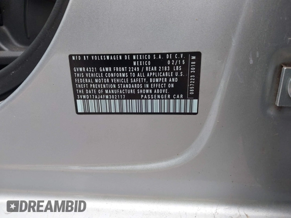 2015 Volkswagen Jetta Sedan 1.8T SE with VIN 3VWD17AJ4FM302117, listed as a IAAI auction lot 41917138 with 122,946 mi miles. Bid and sale history available at carsss.com. Image 9.
