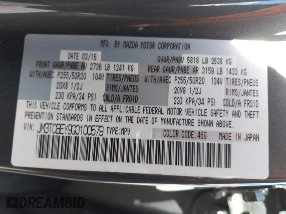 2016 Mazda CX-9 Signature with VIN JM3TCBEY9G0100579, listed as a IAAI auction lot 42282293 with 142,700 mi miles and . Bid and sale history available at DreamBid. Image 9.