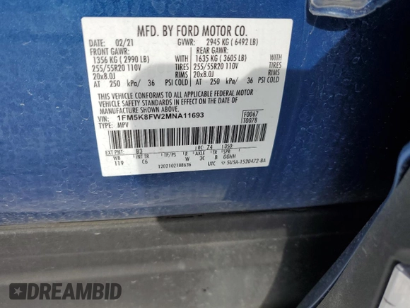 2021 Ford Explorer Limited with VIN 1FM5K8FW2MNA11693, listed as a Copart auction lot 44755345 with 31,500 mi miles and Salvage Title. Bid and sale history available at carsss.com. Image 16.