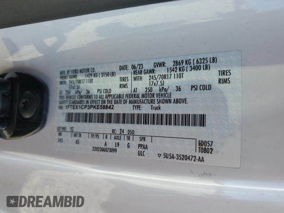 2023 Ford F-150 XL with VIN 1FTEX1CP3PKE58842, listed as a Copart auction lot 44503125 with 63,909 mi miles and Salvage title. Bid and sale history available at DreamBid. Image 12.