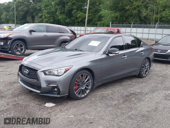 2021 Infiniti Q50 Red Sport 400 with VIN JN1FV7DR2MM880505, listed as a IAAI auction lot 42377058 with 59,618 mi miles and . Bid and sale history available at DreamBid. Image 17.