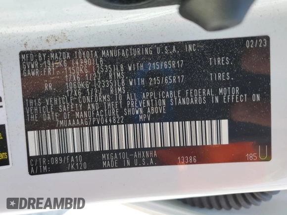 2023 Toyota Corolla Cross L with VIN 7MUAAAAG7PV044822, listed as a Copart auction lot 57744765 with 12,839 mi miles and Salvage title. Bid and sale history available at DreamBid. Image 13.