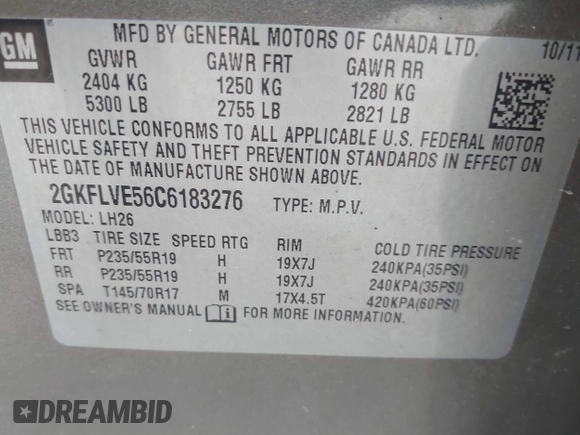 2012 GMC Terrain SLT-1 with VIN 2GKFLVE56C6183276, listed as a IAAI auction lot 41983694 with 152,444 mi miles and . Bid and sale history available at DreamBid. Image 9.