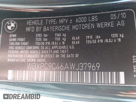 2010 BMW X3 xDrive30i with VIN WBXPC9C46AWJ37969, listed as a IAAI auction lot 41842715 with 128,729 mi miles. Bid and sale history available at carsss.com. Image 9.