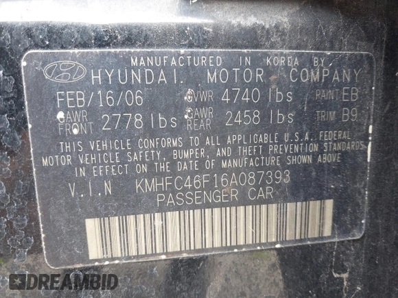 2006 Hyundai Azera SE with VIN KMHFC46F16A087393, listed as a IAAI auction lot 41475177 with 124,197 mi miles and . Bid and sale history available at DreamBid. Image 9.