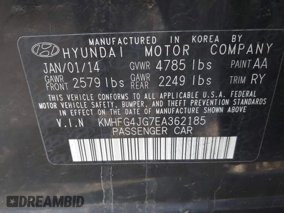 2014 Hyundai Azera with VIN KMHFG4JG7EA362185, listed as a IAAI auction lot 41877622 with 158,689 mi miles and . Bid and sale history available at DreamBid. Image 9.