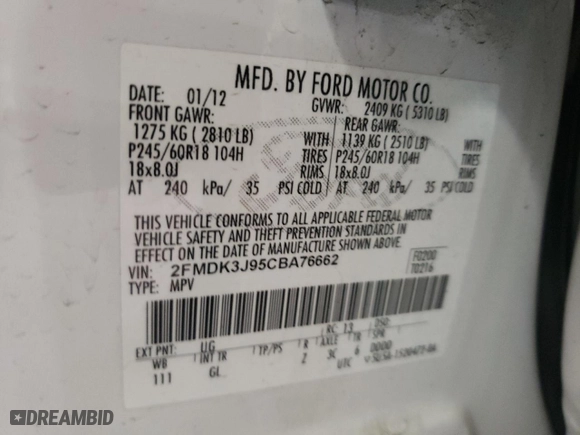 2012 Ford Edge SEL with VIN 2FMDK3J95CBA76662, listed as a Copart auction lot 47551175 with 188,940 mi miles and Clean Title. Bid and sale history available at carsss.com. Image 14.