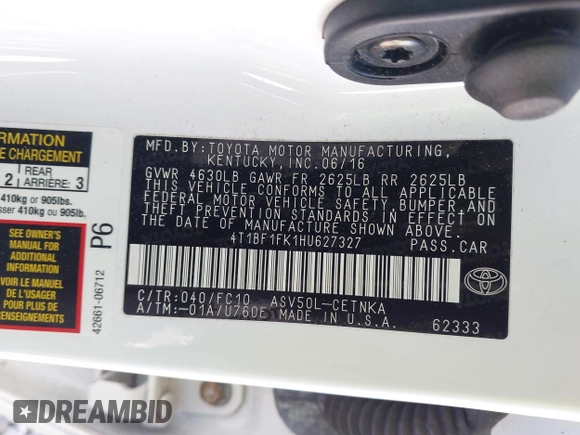 2017 Toyota Camry XLE with VIN 4T1BF1FK1HU627327, listed as a IAAI auction lot 42478028 with 25,898 mi miles and . Bid and sale history available at DreamBid. Image 9.