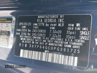 2023 Kia Telluride S with VIN 5XYP64GC0PG391725, listed as a IAAI auction lot 42380243 with 28,269 mi miles and . Bid and sale history available at DreamBid. Image 9.