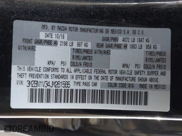 2018 Mazda 3 Touring with VIN 3MZBN1V34JM261565, listed as a IAAI auction lot 41795238 with 121,112 mi miles. Bid and sale history available at carsss.com. Image 9.