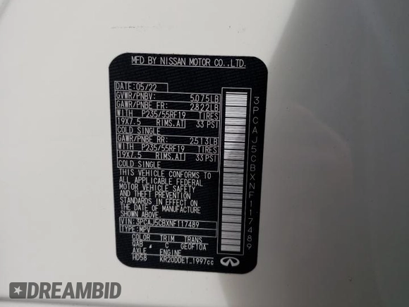 2022 Infiniti QX50 Essential with VIN 3PCAJ5CBXNF117489, listed as a Copart auction lot 68356262 with 4,379 mi miles and . Bid and sale history available at DreamBid. Image 15.