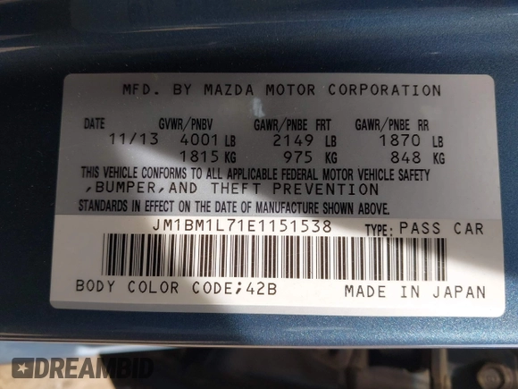 2014 Mazda 3 i Touring with VIN JM1BM1L71E1151538, listed as a IAAI auction lot 42148640 with 136,564 mi miles and . Bid and sale history available at DreamBid. Image 9.