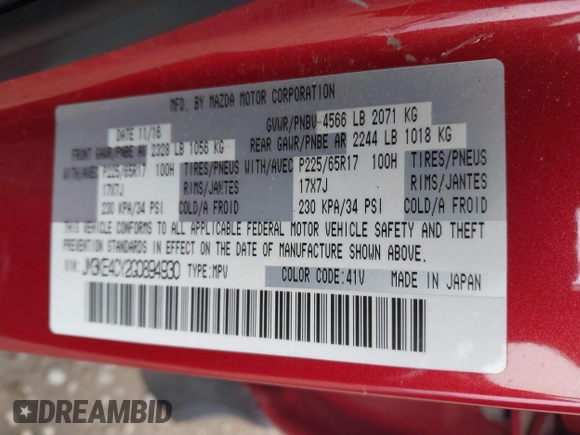 2016 Mazda CX-5 Touring with VIN JM3KE4CY2G0894930, listed as a IAAI auction lot 41906809 with 123,125 mi miles. Bid and sale history available at carsss.com. Image 9.