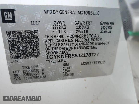 2018 Cadillac XT5 Premium Luxury AWD with VIN 1GYKNFRS6JZ178777, listed as a Copart auction lot 57527735 with 92,086 mi miles and Salvage title. Bid and sale history available at DreamBid. Image 13.