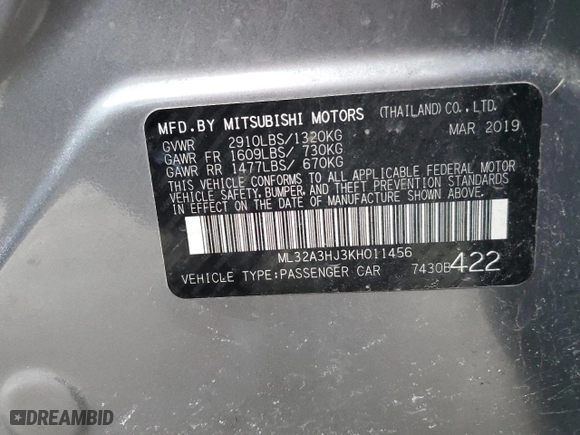 2019 Mitsubishi Mirage ES with VIN ML32A3HJ3KH011456, listed as a Copart auction lot 88900735 with 61,181 mi miles and Non Repairable. Bid and sale history available at carsss.com. Image 12.